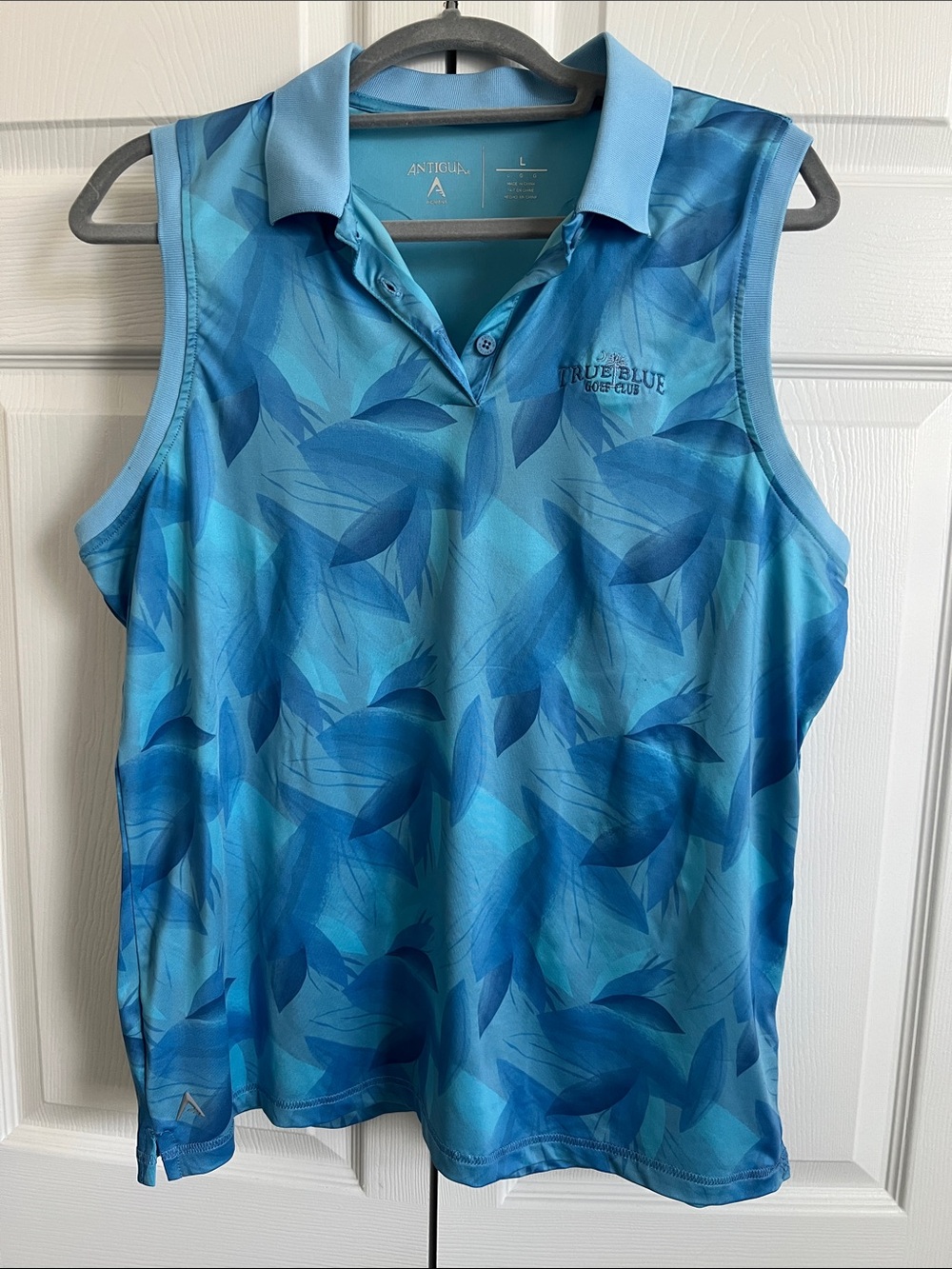 Antigua Women's Sleeveless Polo in Blue Leaf Print
